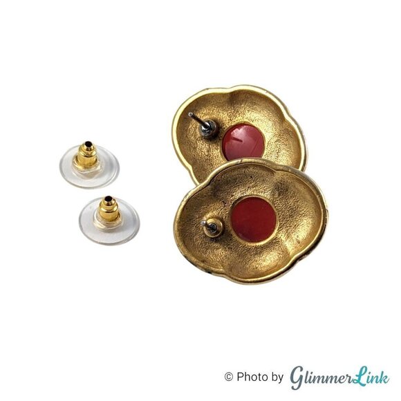 Vintage Zig Zag Faux Carnelian Oval Gold Tone Pierced Earrings - Picture 5 of 9